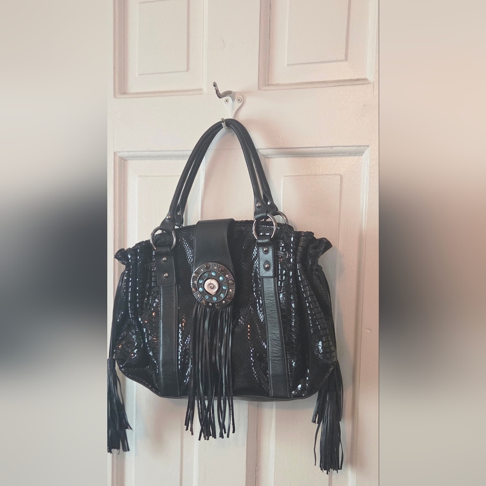 Elegant  Vintage Sharif Black Handbag with Fringe Detailing